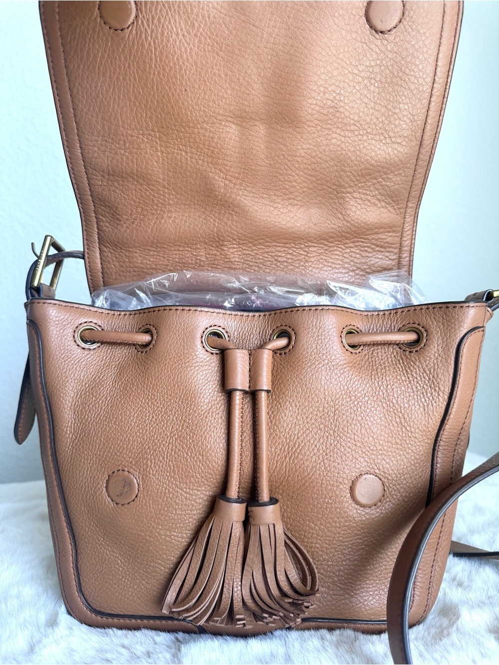 Tory Burch Frances Saddle Bag pebbled leather brown tassel - Picture 6 of 17